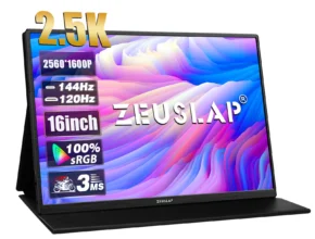 ZEUSLAP 16 인치 2.5K 144hz 휴대용 모니터 2560*1600 16:10 100% sRGB 500Cd/m² 노트북 스위치 ps4 ps5 Xbox용 여행용 게임 디스플레이